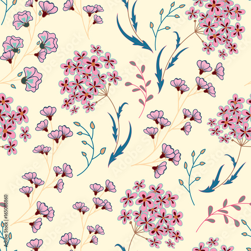 Cute Floral pattern in the small flower. Motifs scattered random. Ditsy print. Seamless vector texture. Printing with small colorful flowers. Pink blue plants on white background.