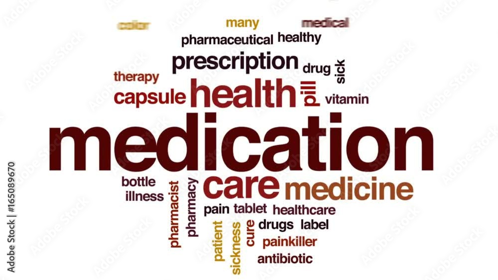 Medication animated word cloud, text design animation. Medication animated word cloud, text design animation.