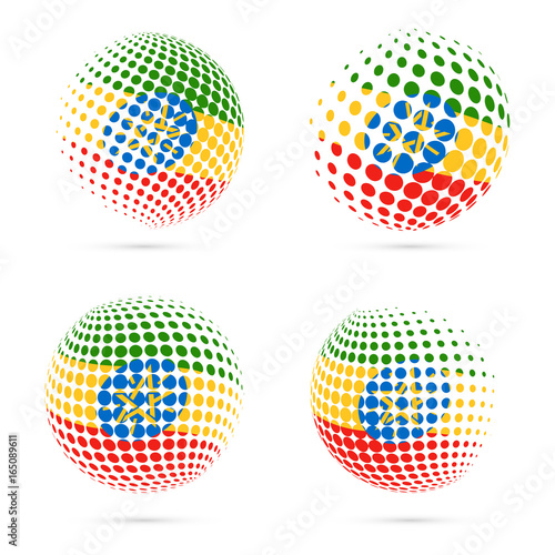 Ethiopia halftone flag set patriotic vector design. 3D halftone sphere in Ethiopia national flag colors isolated on white background.