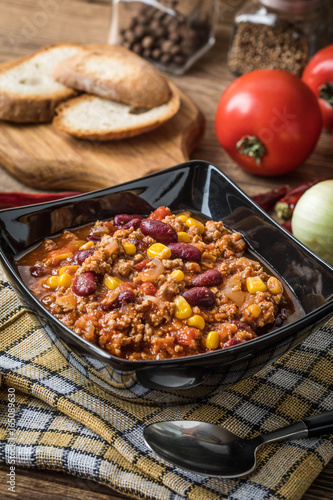 Chili con carne in a bowl.