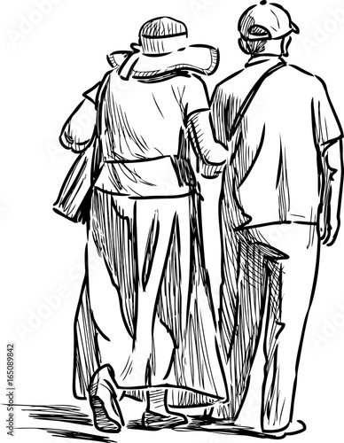 Sketch of an elderly spouses of townspeople on a stroll