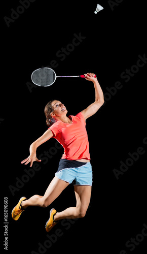 Woman badminton player isolated (without net version)