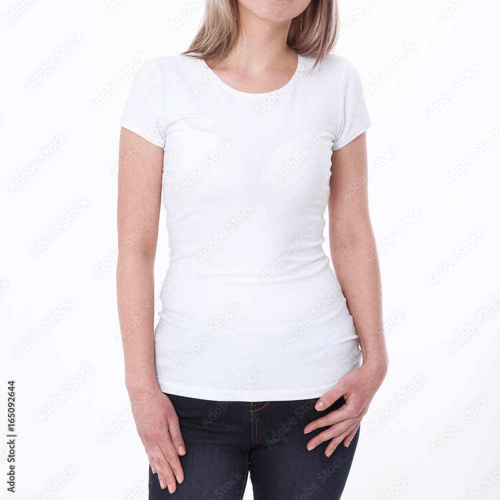 Shirt design and people concept - close up of young woman in blank white tshirt front and rear isolated. Mock up template for design print Shirt design and people concept - close up of young woman in blank white tshirt front and rear isolated. Mock up template for design print