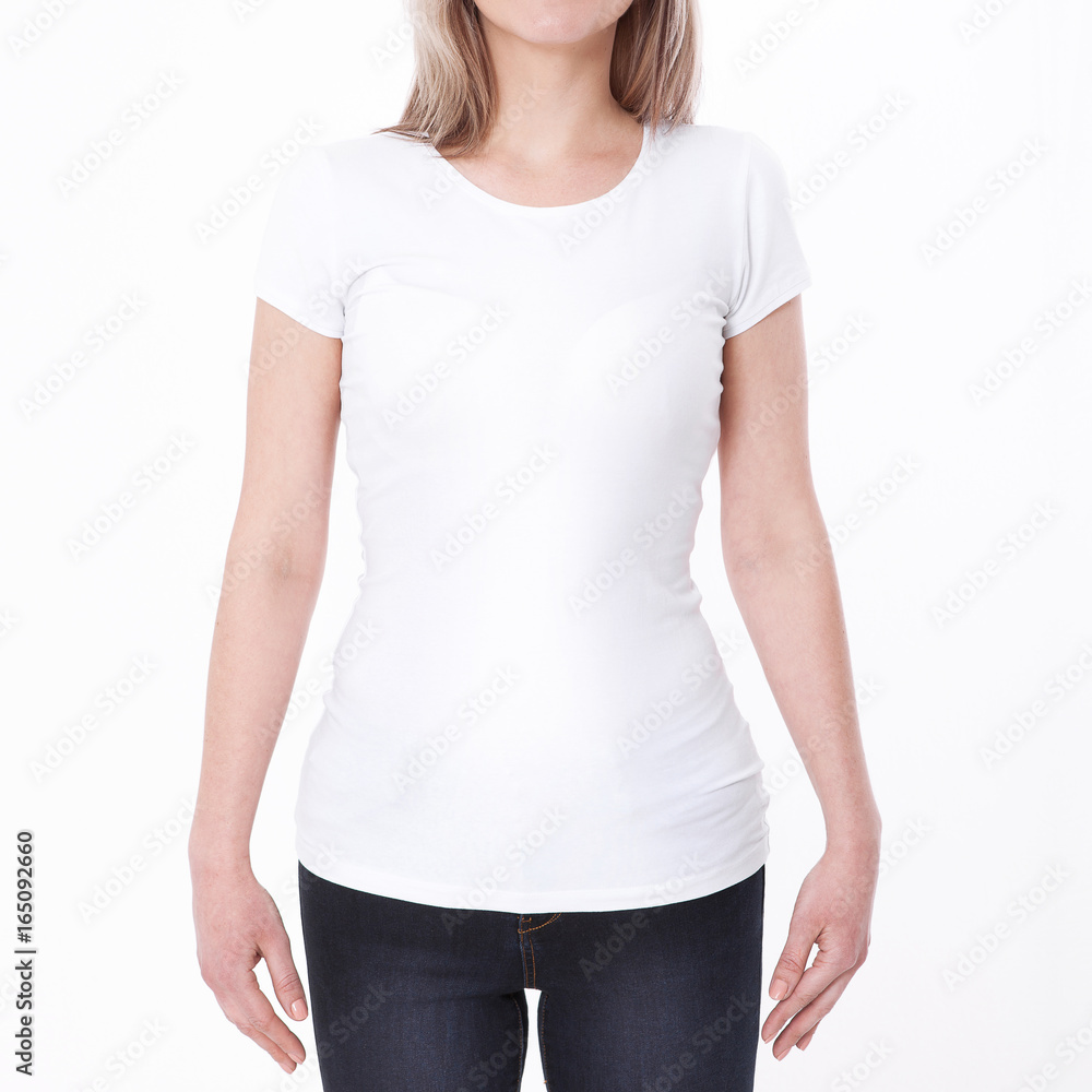 Shirt design and people concept - close up of young woman in blank white tshirt front and rear isolated. Mock up template for design print Shirt design and people concept - close up of young woman in blank white tshirt front and rear isolated. Mock up template for design print