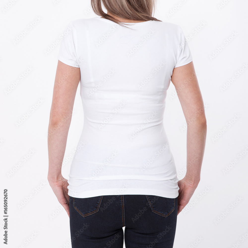 Shirt design and people concept - close up of young woman in blank white tshirt front and rear isolated. Mock up template for design print Shirt design and people concept - close up of young woman in blank white tshirt front and rear isolated. Mock up template for design print