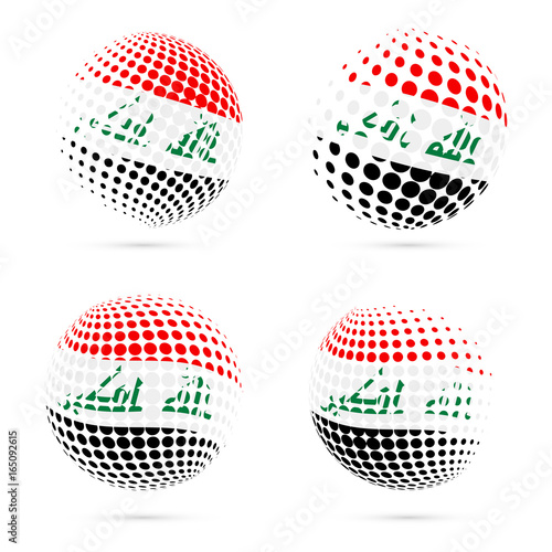 Republic of Iraq halftone flag set patriotic vector design. 3D halftone sphere in Republic of Iraq national flag colors isolated on white background.