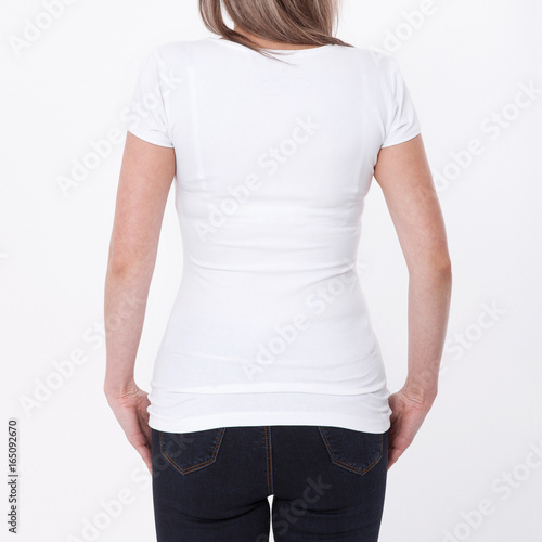 Shirt design and people concept - close up of young woman in blank white tshirt front and rear isolated. Mock up template for design print
