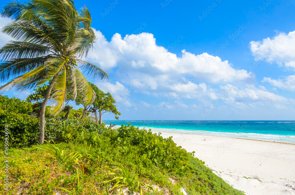 Paradise beach of Tulum, Quintana Roo, Mexico. Mayan ruins of Tulum at tropical coast.