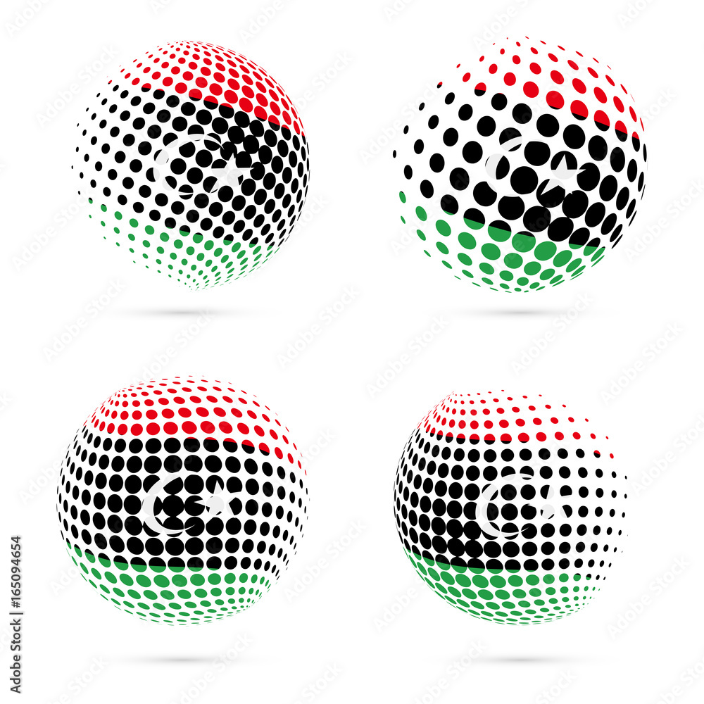 Libya halftone flag set patriotic vector design. 3D halftone sphere in Libya national flag colors isolated on white background.