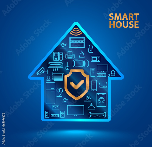 Symbol silhouette smart house with icons of household appliances. The shield icon. Protecting your home from hackers or robbers. The security of the Internet of things. Iot.