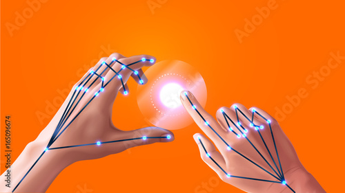 Gesture recognition in virtual and augmented reality. Hand tracking of virtual reality. Interface vr headsets. Sensors 3D scanning space for detecting the position of the fingers of the user. VECTOR