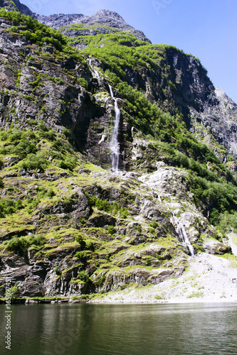 Green mountains and Waterfalls in Sognefjord Scandinavia. Norway