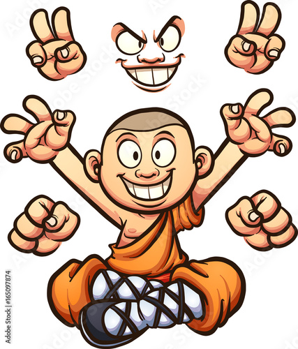 Cartoon monk with different hands and two faces. Vector clip art illustration with simple gradients. Some elements on separate layers.