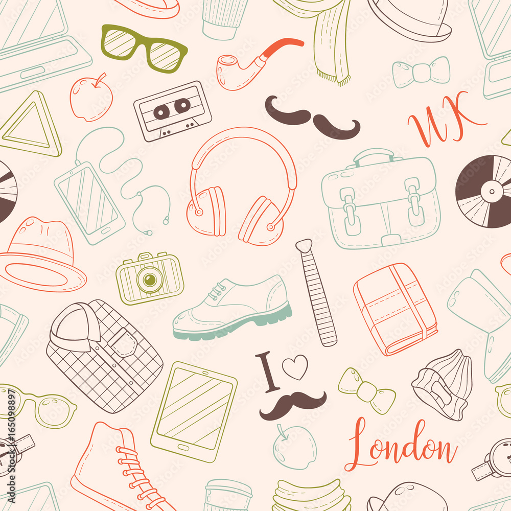Seamless background, pattern, wallpaper, texture. Template for flyer, advertisement, banner. Vector Doodle Icons Collection. Hipster accessories. Hipster style elements and icons set for retro design Seamless background, pattern, wallpaper, texture. Template for flyer, advertisement, banner. Vector Doodle Icons Collection. Hipster accessories. Hipster style elements and icons set for retro design