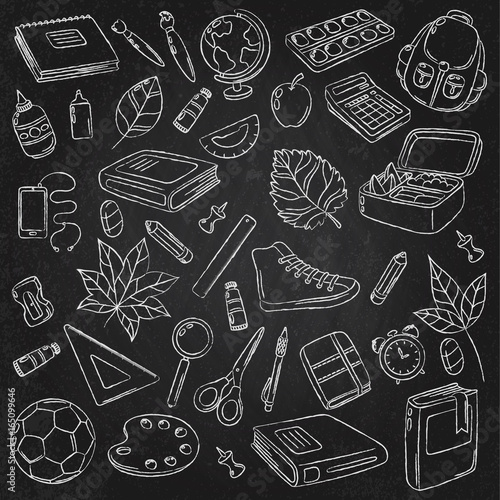 Vector Doodle Icons Collection. School supplies. Back to school, the first day of study. Background, pattern, wallpaper, texture. Template for flyer, advertisement, banner. chalkboard blackboard