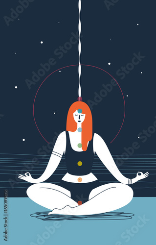 Woman with closed eyes and seven chakras of different colors sits in yoga position and meditates against blue background. Concept of physical health and meditation. Vector illustration for poster.