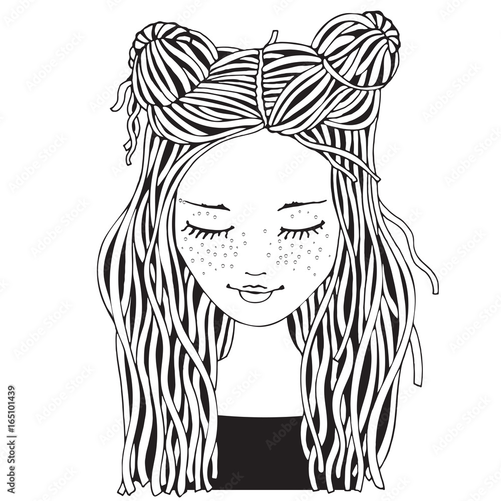 Cute girl. Coloring book page for adult and children. Black and ...