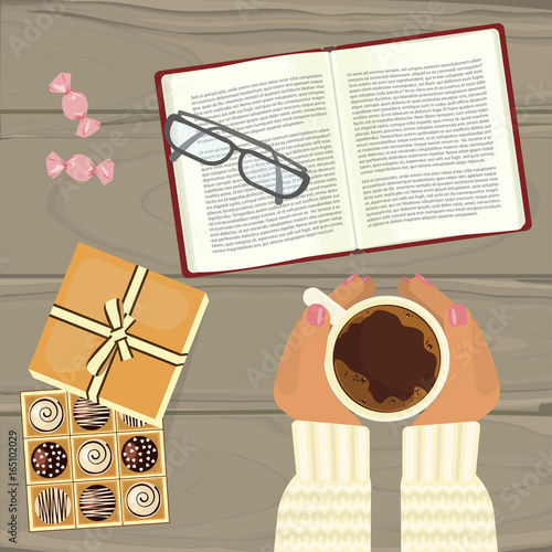 People hands with cup of hot coffee, chocolate and book on wooden table. Top view vector illustration eps 10