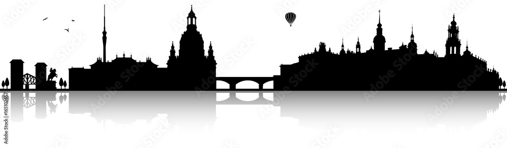 Dresden Sachsen Skyline mit Frauenkirche Zwinger Elbe Silhouette schwarz - obrazy, fototapety, plakaty 
