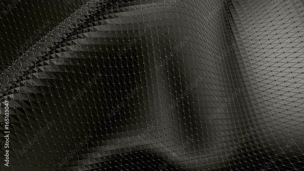Abstract black and white low poly waving 3D surface as landscape or video game. Grey abstract geometric vibrating environment or pulsating background in cartoon low poly popular stylish 3D design 1.
