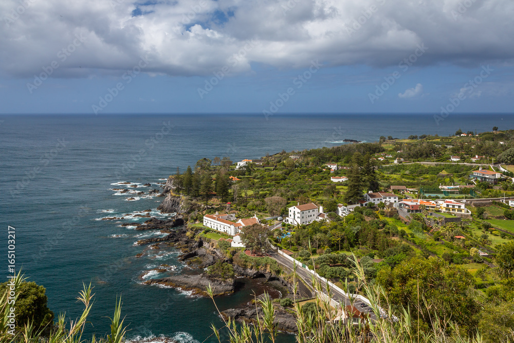 View on Atlantic Ocean coast near Ponta Delgada city on Sao Miguel island, Azores, Portugal