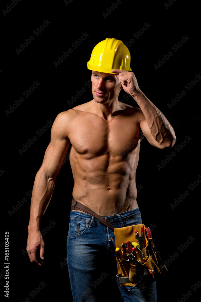 sexy fit shirtless worker with saw and tools Stock-Foto | Adobe Stock