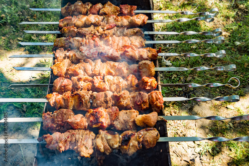Bild auf Leinwand Sven shashlik closeup mashed slices of meat put on metal skewers roasted on char