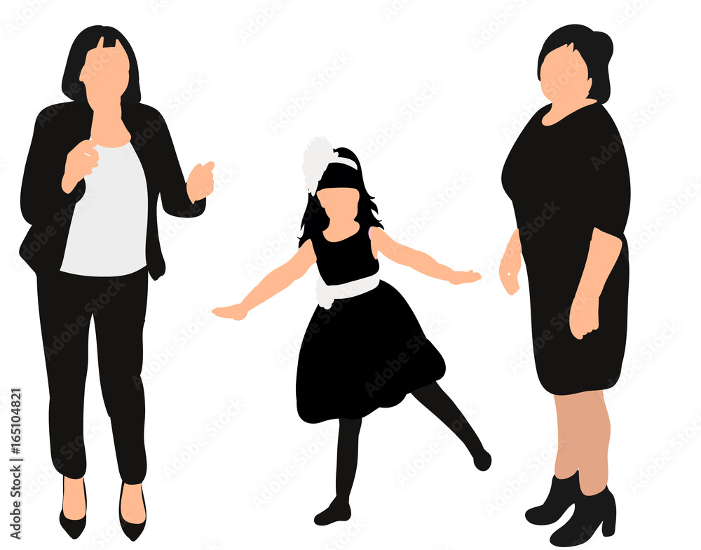 Vector, isolated, black and white silhouettes of woman and girl Vector, isolated, black and white silhouettes of woman and girl