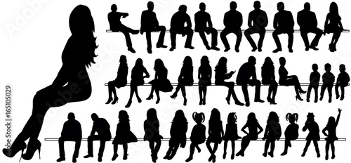 Vector, isolated, silhouette of a man women and children sitting, set