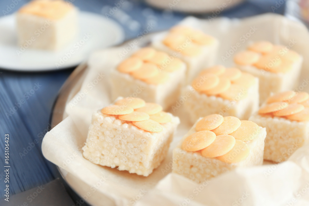 Rice crispy treats on metal tray