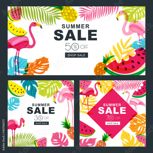 Summer sale vector banners set with multicolor palm leaves, flamingo, waterme...