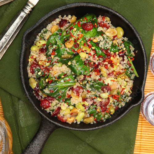 Top View Quinoa Spinach and Cranberry Bake in Cast Iron Skillet