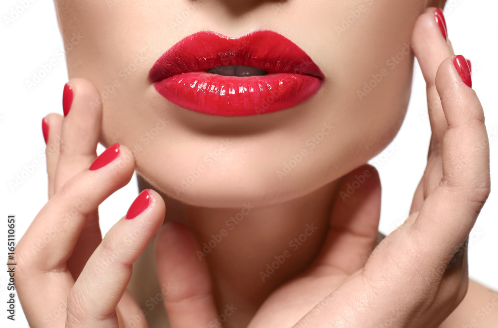 Fototapeta premium Beautiful young woman with bright lips on white background, closeup