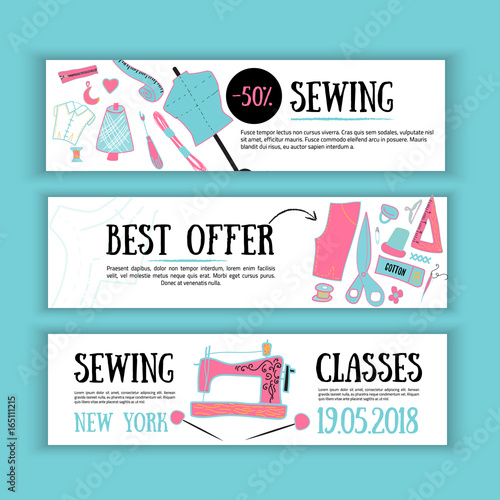 Sewing promotion banner set design with craft tools. Vintage pink background. Doodle vector retro illustration