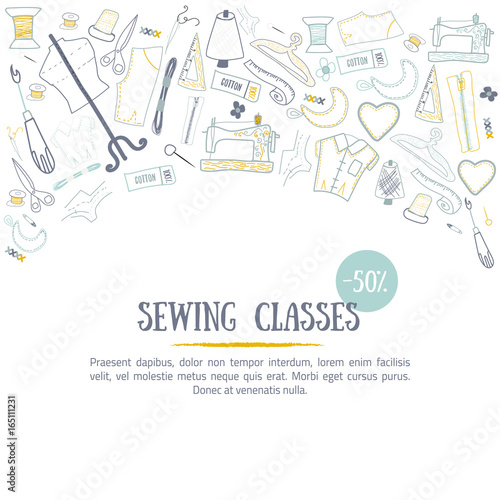 Sewing classes banner design with needle and craft tools. Hobby elements for creative industry design