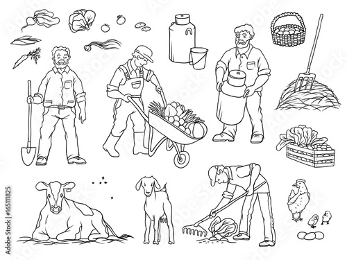 Vector sketch set black and white isolated illustration of farmers and farm animals. Man with shovel, cart with vegetables. Working in garden, milk cow and goat, harvests and breeding chickens.