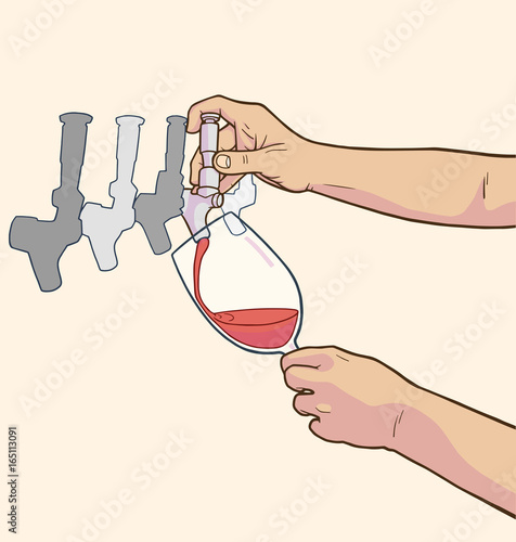 Illustration of male hands pouring red wine from tap in color