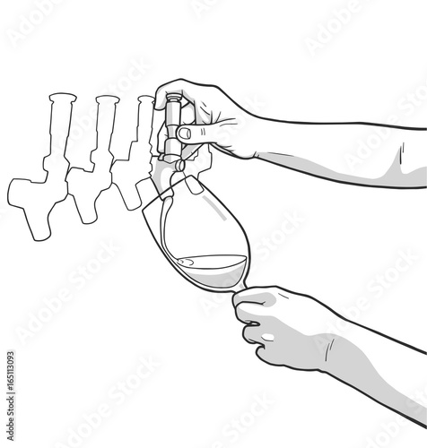 Illustration of male hands pouring red wine from tap