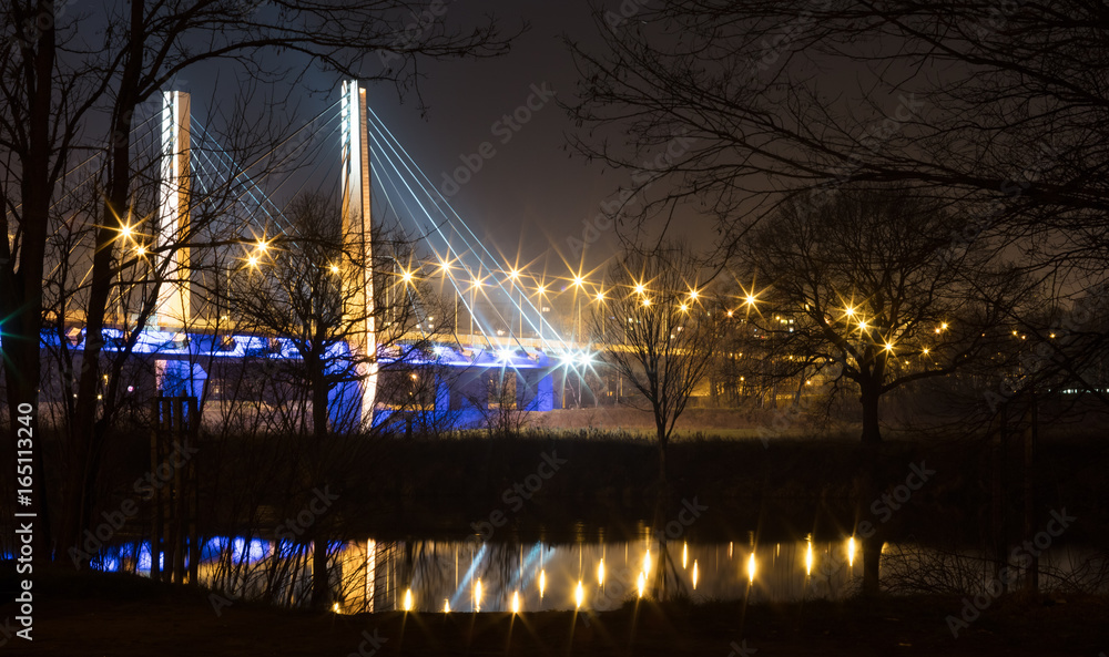 Scene of the bridge in Wrocław in night.