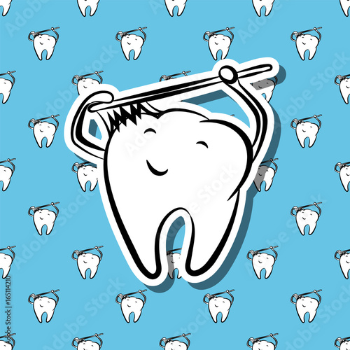 Funny cartoon teeth with a toothbrush. Seamless vector background. Sticker tooth with toothbrush.