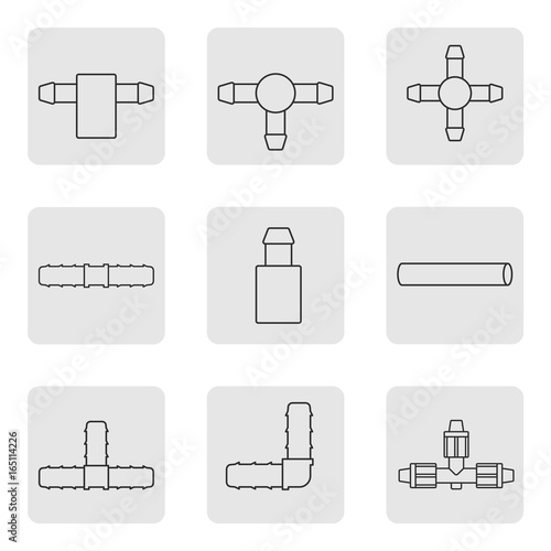 Equipment for the drip irrigation system. Fittings and a drip tube. Modern linear style. Vector illustration.