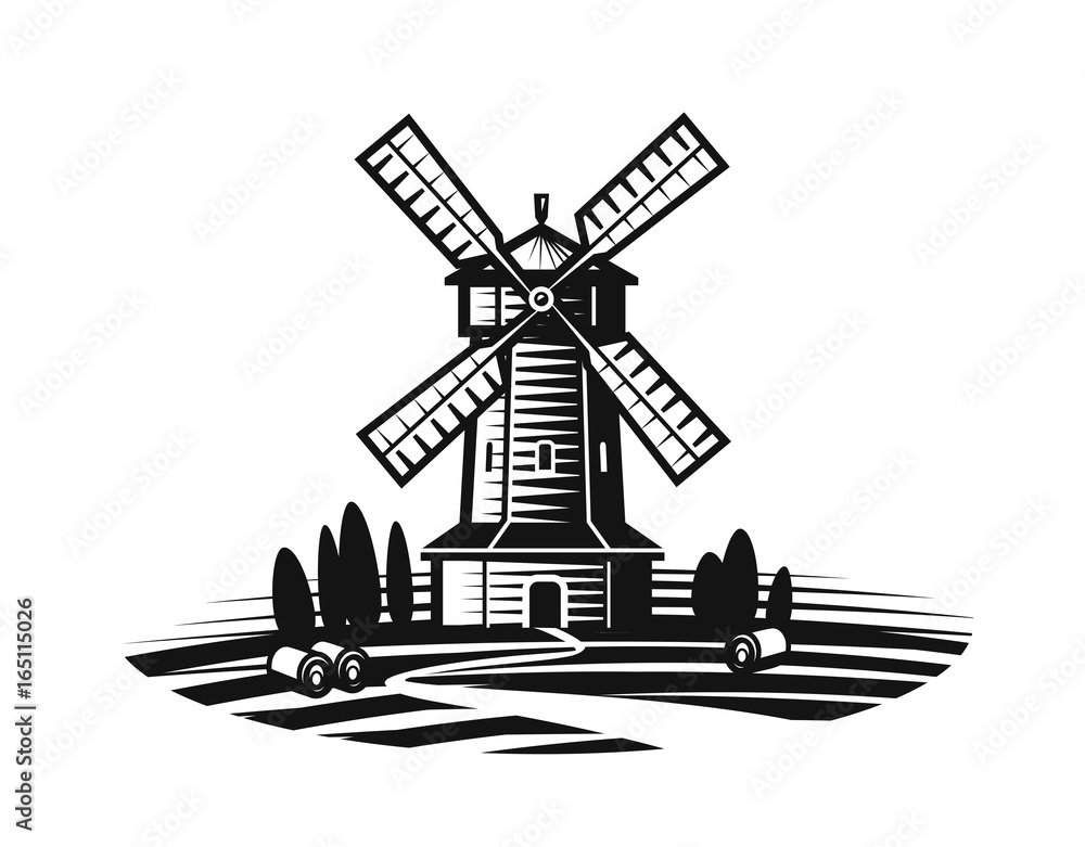 Mill, windmill label or logo. Farm, agriculture, bakery, bread icon. Vintage vector illustration - obrazy, fototapety, plakaty 