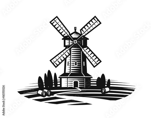 Mill, windmill label or logo. Farm, agriculture, bakery, bread icon. Vintage vector illustration