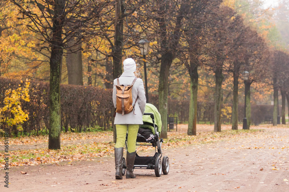 Young woman walking with stroller in autumn park. Rear view Young woman walking with stroller in autumn park. Rear view