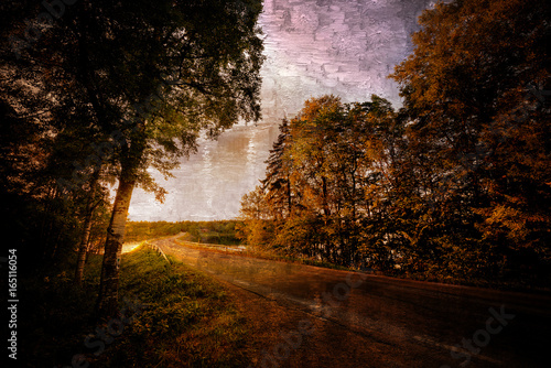 Painting of a small winding road over a bridge during sunset, forest in foreground