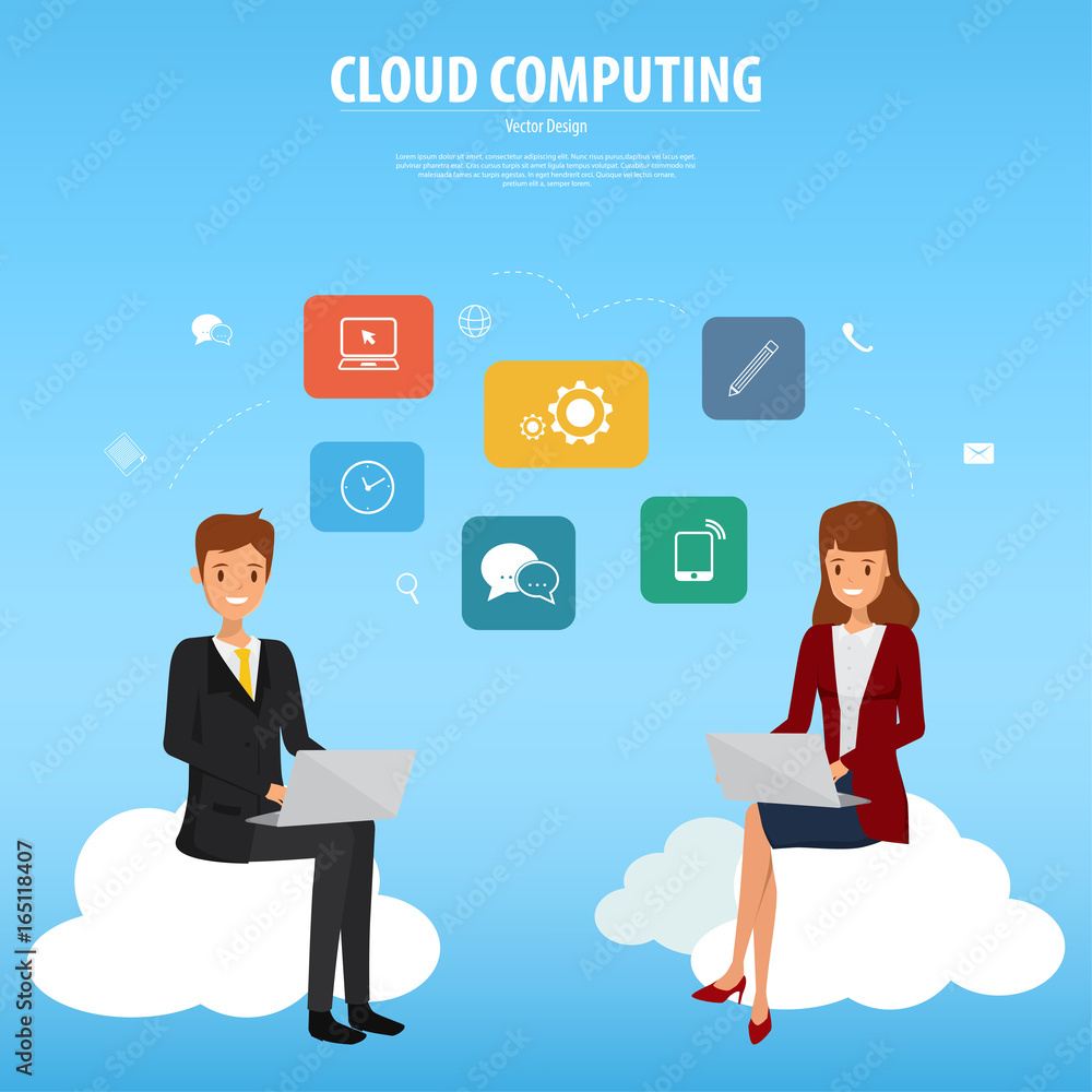 Cloud computing infographic background with business man and woman using laptop. Illustration vector. Cloud computing infographic background with business man and woman using laptop. Illustration vector.