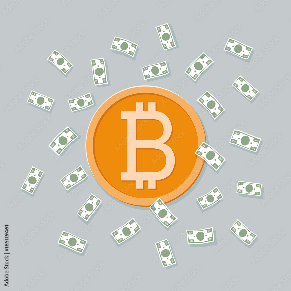 Golden bitcoin digital currency, in the background of banknotes, futuristic digital money, technology worldwide network concept, vector illustration Golden bitcoin digital currency, in the background of banknotes, futuristic digital money, technology worldwide network concept, vector illustration