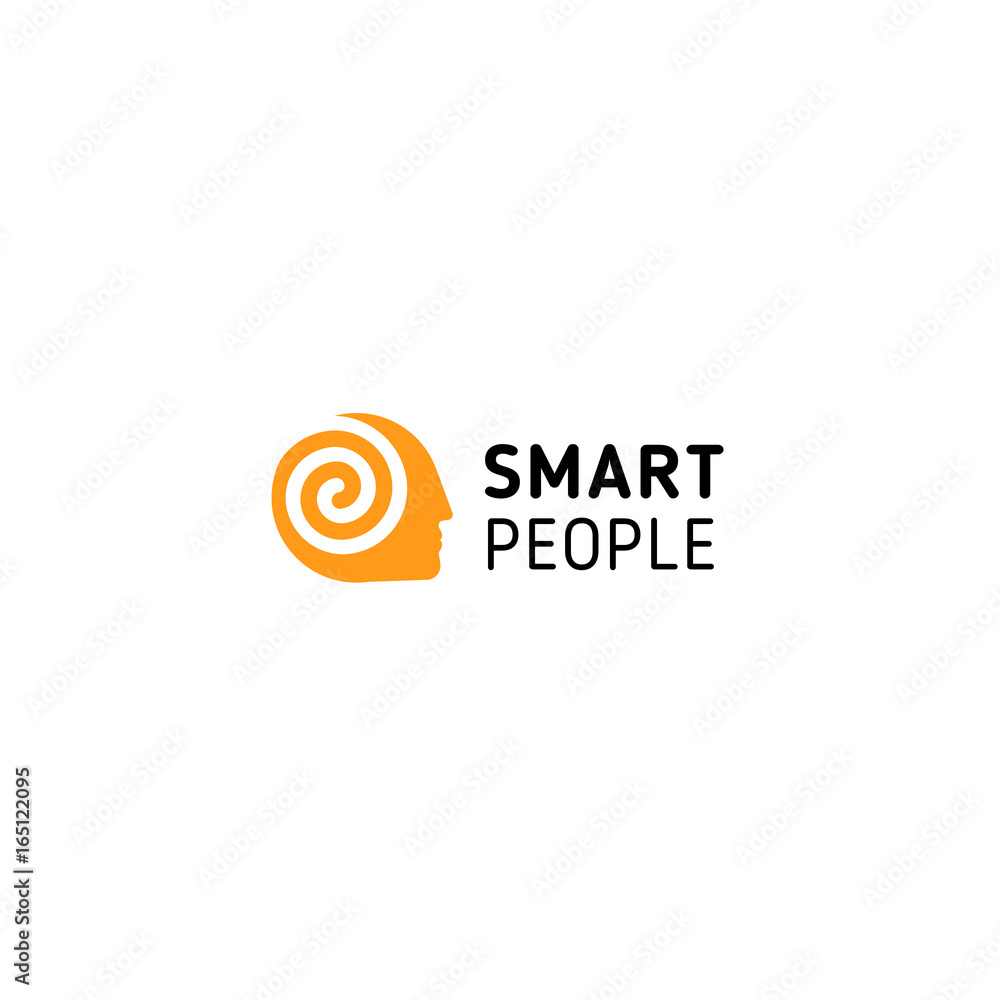 Orange man had with spiral inside symbolizing think, mind, brain and smart people. Vector isolated unusual logo.
