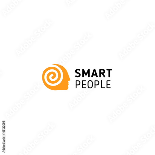 Orange man had with spiral inside symbolizing think, mind, brain and smart people. Vector isolated unusual logo.