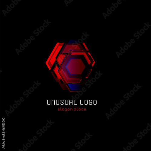 Futuristic reactor abstract colorful vector logo template. Innovative technologies digital design effect logotype on black background